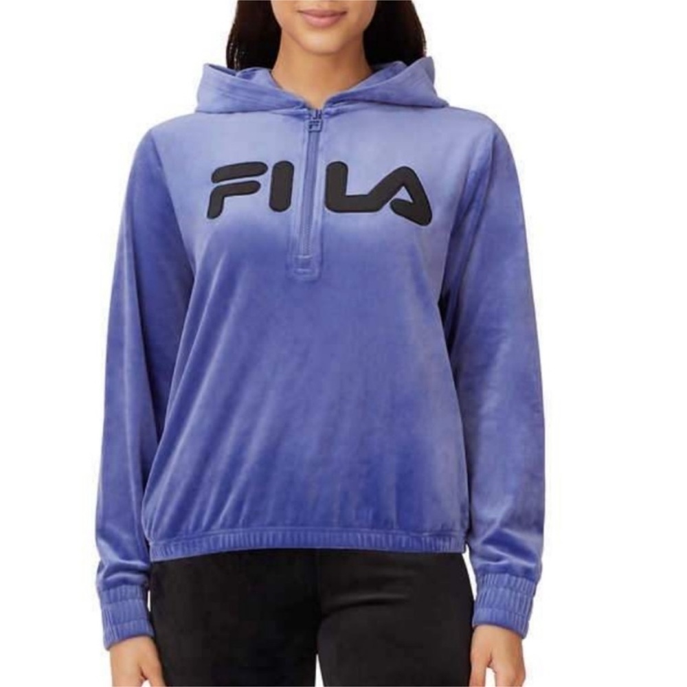 FILA Velour Hoodie Sweatshirt Medium Quarter-Zip Pockets Elastic Waist & Cuffs